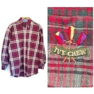 Vintage Ivy Crew Plaid Long Sleeve Casual Button Down Embroidered Paddles, SZ 8